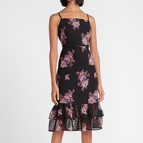 Express Black Floral Clip Dot Tiered Midi Dress - Picture 2 of 12